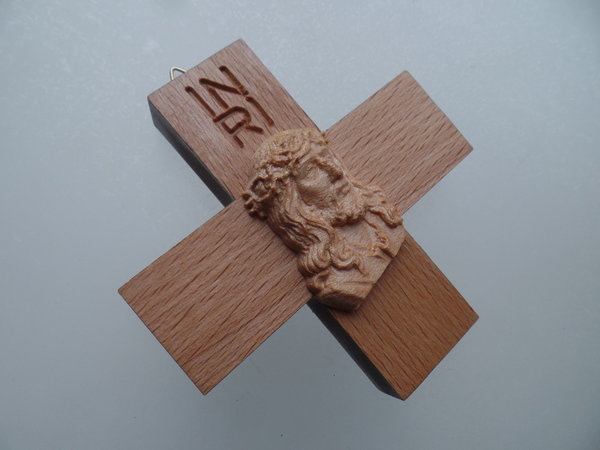 Holz Kreuz Ecce Homo Christus geschnitzt 10 cm, Haussegen INRI
