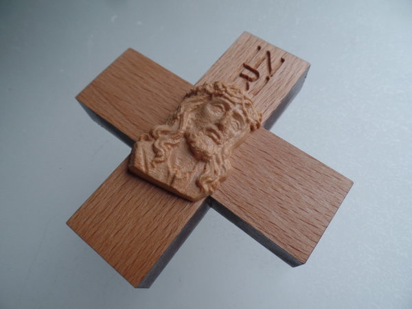 Holz Kreuz Ecce Homo Christus geschnitzt 10 cm, Haussegen INRI