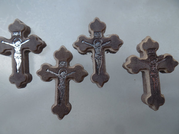 Rosenkranz-Holz-Kreuze Barock Kleeblatt grau mit Christus L Prägung si